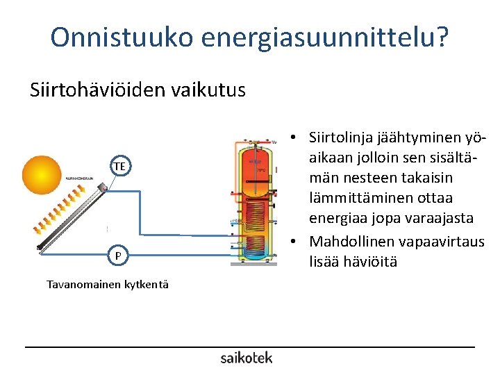 Onnistuuko energiasuunnittelu? Siirtohäviöiden vaikutus TE P Tavanomainen kytkentä • Siirtolinja jäähtyminen yöaikaan jolloin sen