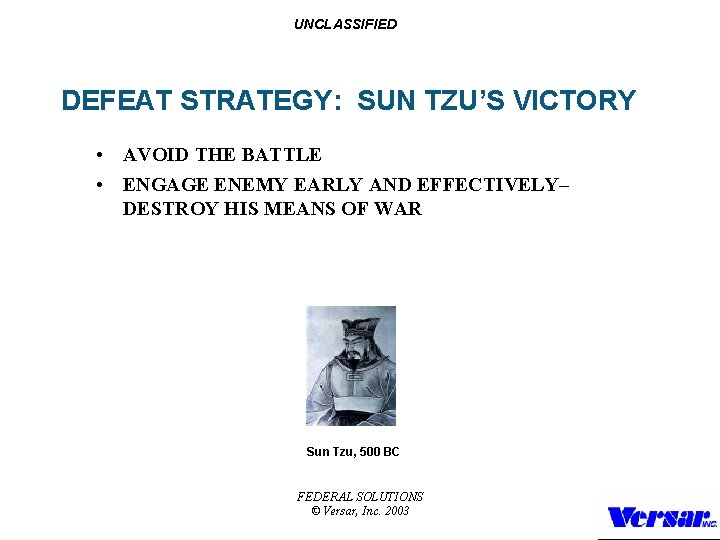 UNCLASSIFIED DEFEAT STRATEGY: SUN TZU’S VICTORY • AVOID THE BATTLE • ENGAGE ENEMY EARLY