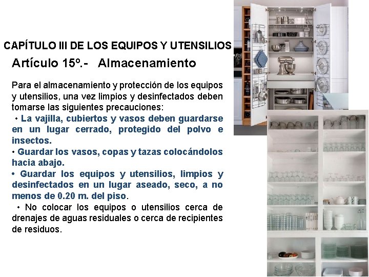 CAPÍTULO III DE LOS EQUIPOS Y UTENSILIOS Artículo 15º. - Almacenamiento Para el almacenamiento