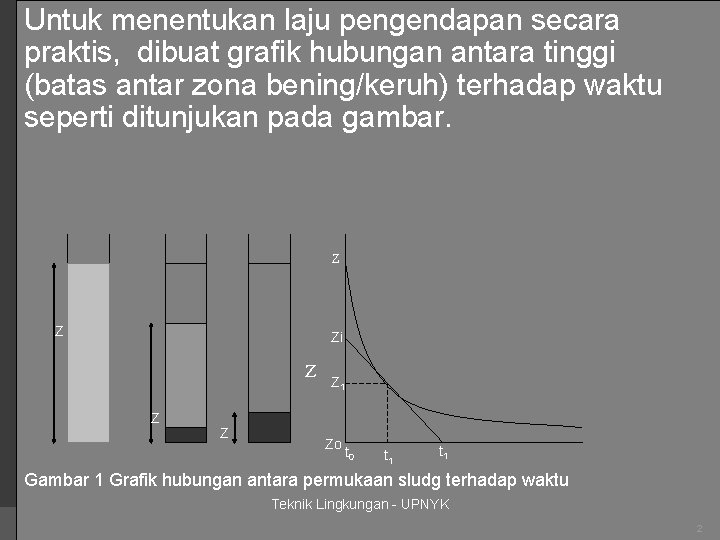 Untuk menentukan laju pengendapan secara praktis, dibuat grafik hubungan antara tinggi (batas antar zona Untuk menentukan laju pengendapan secara praktis, dibuat grafik hubungan antara tinggi (batas antar zona