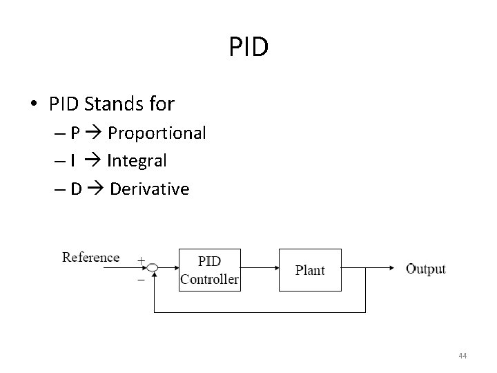 PID • PID Stands for – P Proportional – I Integral – D Derivative