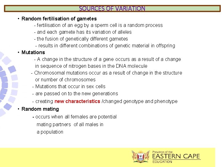 SOURCES OF VARIATION • Random fertilisation of gametes - fertilisation of an egg by