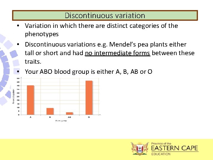 Discontinuous variation • Variation in which there are distinct categories of the phenotypes •
