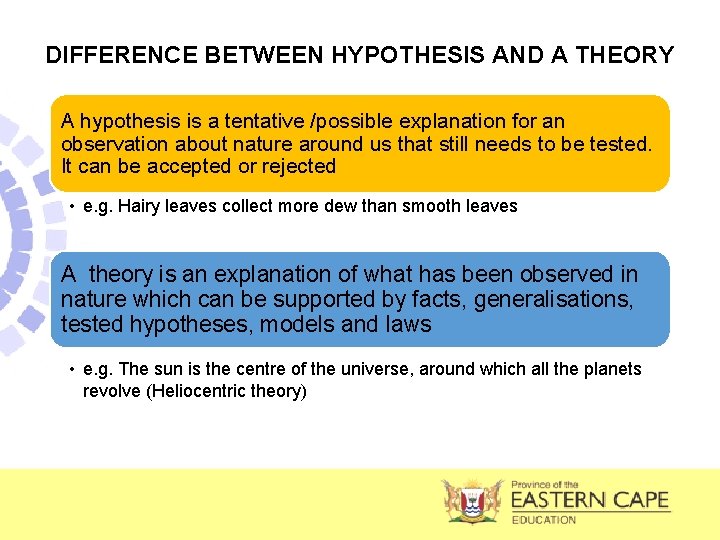 DIFFERENCE BETWEEN HYPOTHESIS AND A THEORY A hypothesis is a tentative /possible explanation for