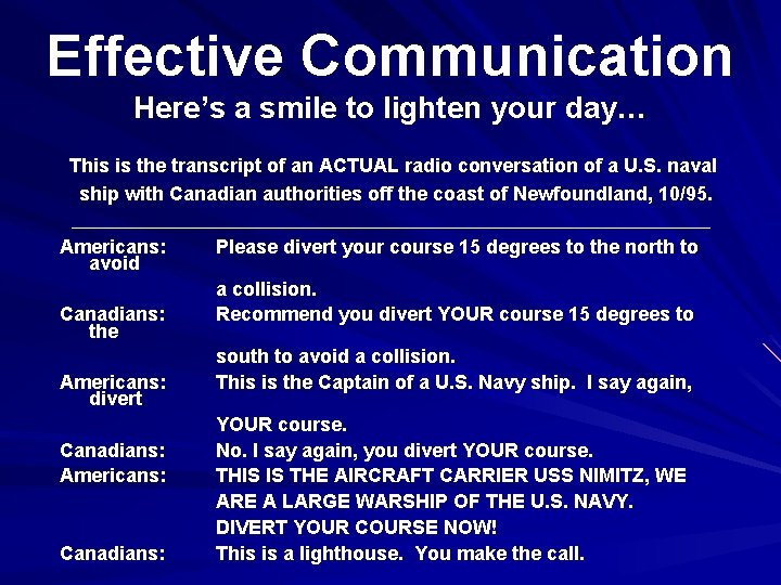 Effective Communication Here’s a smile to lighten your day… This is the transcript of