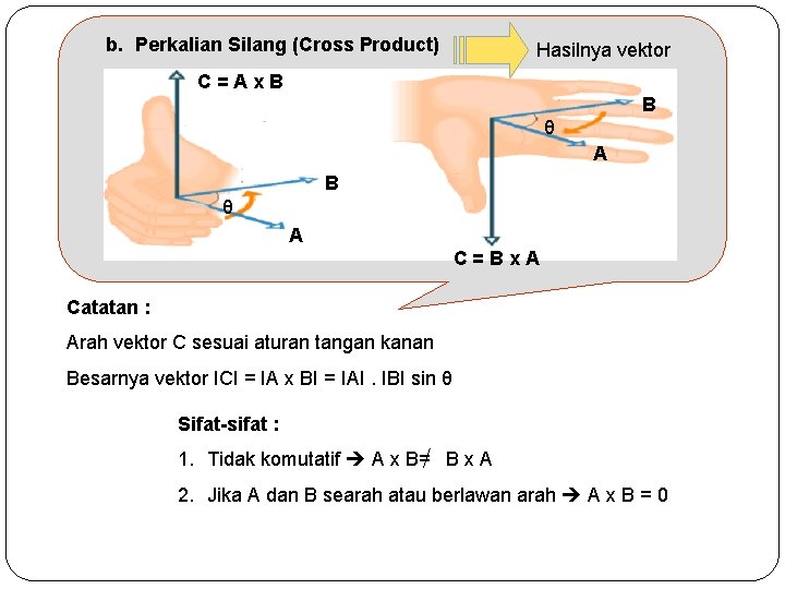 b. Perkalian Silang (Cross Product) Hasilnya vektor C=Ax. B B θ A C=Bx. A