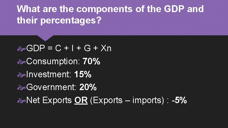 What are the components of the GDP and their percentages? GDP = C +
