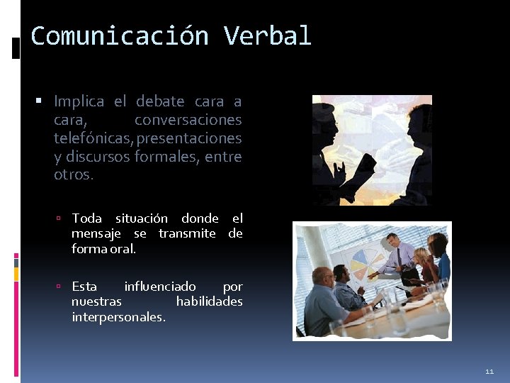 Comunicación Verbal Implica el debate cara a cara, conversaciones telefónicas, presentaciones y discursos formales,