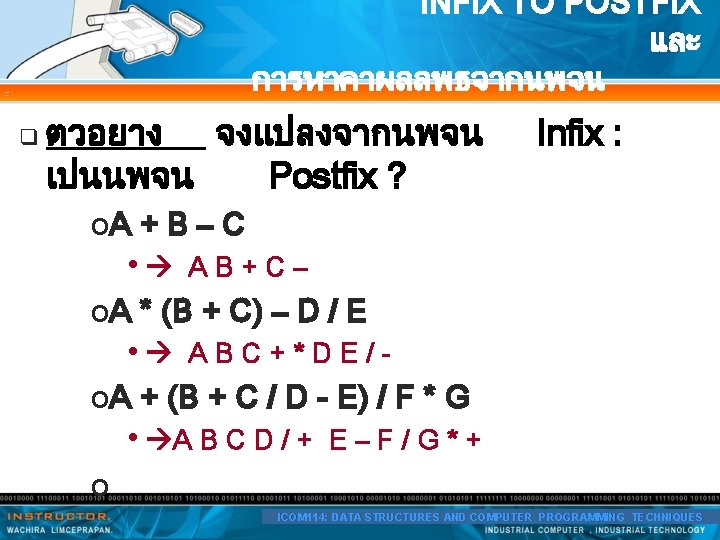 q INFIX TO POSTFIX และ การหาคาผลลพธจากนพจน Postfix ตวอยาง จงแปลงจากนพจน เปนนพจน Postfix ? Infix :