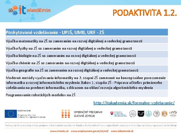 PODAKTIVITA 1. 2. Poskytované vzdelávanie - UPJŠ, UMB, UKF - ZŠ Výučba matematiky na