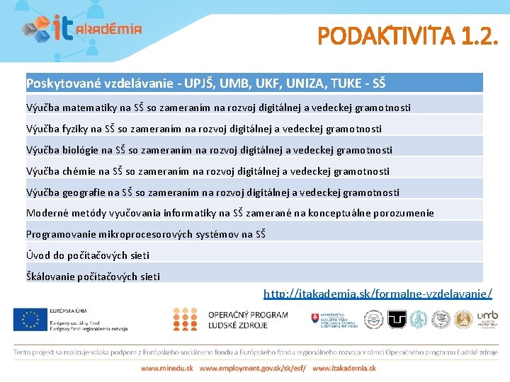 PODAKTIVITA 1. 2. Poskytované vzdelávanie - UPJŠ, UMB, UKF, UNIZA, TUKE - SŠ Výučba