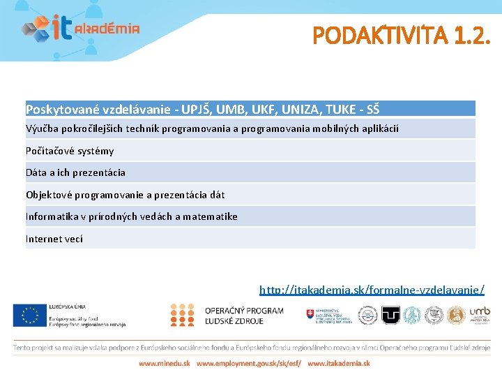 PODAKTIVITA 1. 2. Poskytované vzdelávanie - UPJŠ, UMB, UKF, UNIZA, TUKE - SŠ Výučba