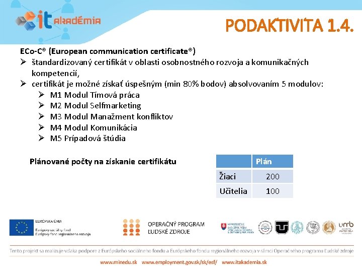 PODAKTIVITA 1. 4. ECo-C® (European communication certificate®) Ø štandardizovaný certifikát v oblasti osobnostného rozvoja