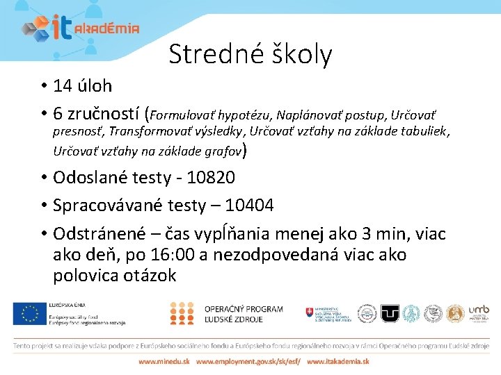 Stredné školy • 14 úloh • 6 zručností (Formulovať hypotézu, Naplánovať postup, Určovať presnosť,