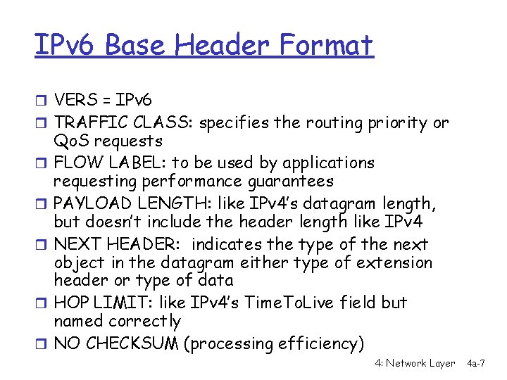 IPv 6 Base Header Format r VERS = IPv 6 r TRAFFIC CLASS: specifies