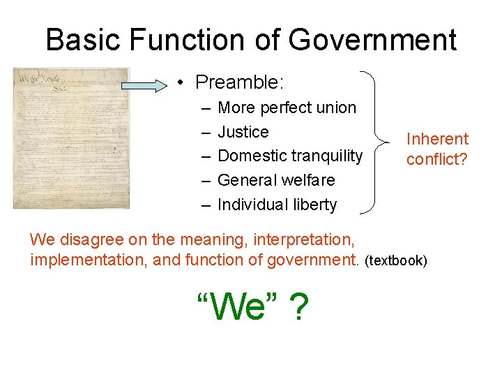 Basic Function of Government • Preamble: – – – More perfect union Justice Domestic