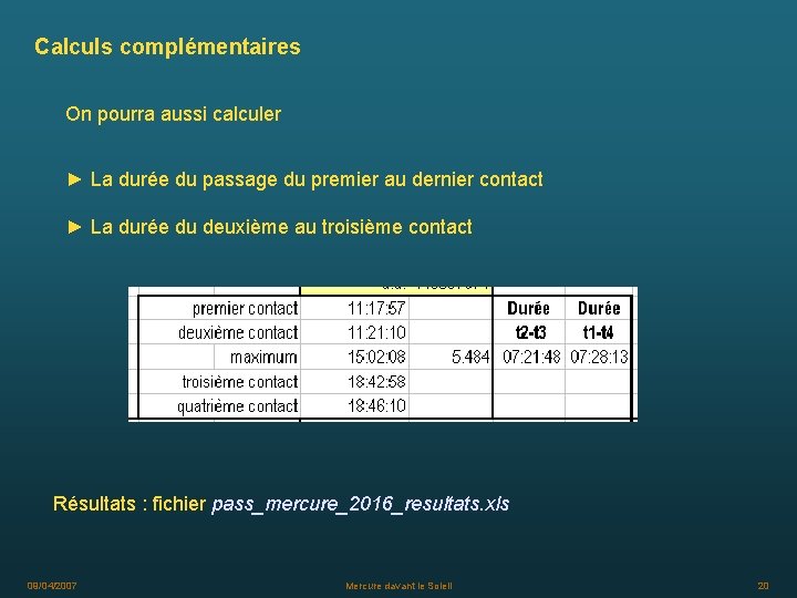 Calculs complémentaires On pourra aussi calculer ► La durée du passage du premier au