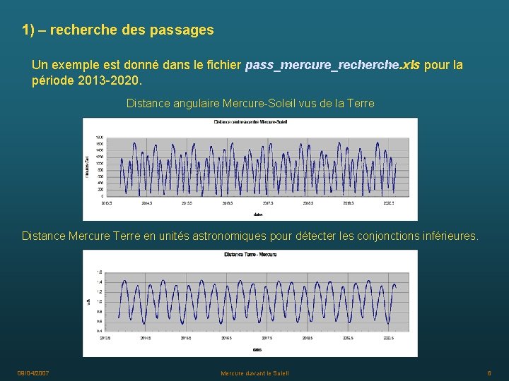 1) – recherche des passages Un exemple est donné dans le fichier pass_mercure_recherche. xls