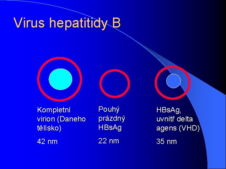 Virus hepatitidy B Kompletní virion (Daneho tělísko) Pouhý prázdný HBs. Ag, uvnitř delta agens