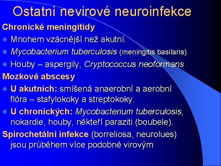 Ostatní nevirové neuroinfekce Chronické meningitidy l Mnohem vzácnější než akutní. l Mycobacterium tuberculosis (meningitis