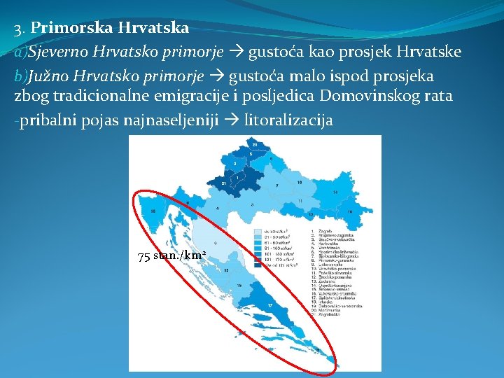 3. Primorska Hrvatska a)Sjeverno Hrvatsko primorje gustoća kao prosjek Hrvatske b)Južno Hrvatsko primorje gustoća