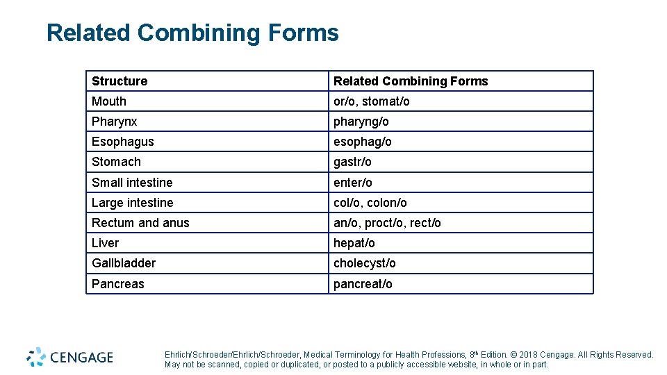 Related Combining Forms Structure Related Combining Forms Mouth or/o, stomat/o Pharynx pharyng/o Esophagus esophag/o