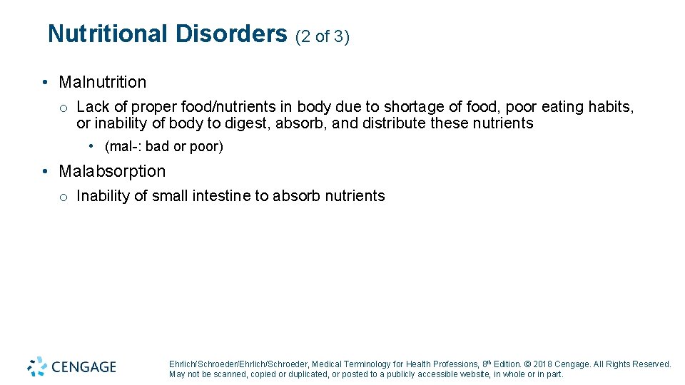 Nutritional Disorders (2 of 3) • Malnutrition o Lack of proper food/nutrients in body Nutritional Disorders (2 of 3) • Malnutrition o Lack of proper food/nutrients in body