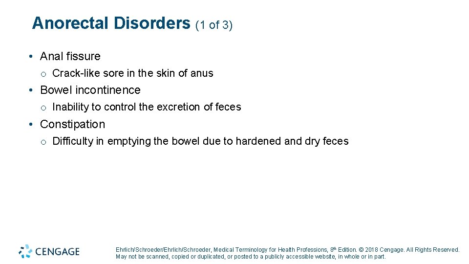 Anorectal Disorders (1 of 3) • Anal fissure o Crack-like sore in the skin