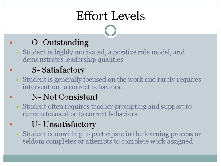 Effort Levels O- Outstanding § § Student is highly motivated, a positive role model,