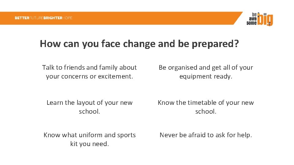 How can you face change and be prepared? Talk to friends and family about