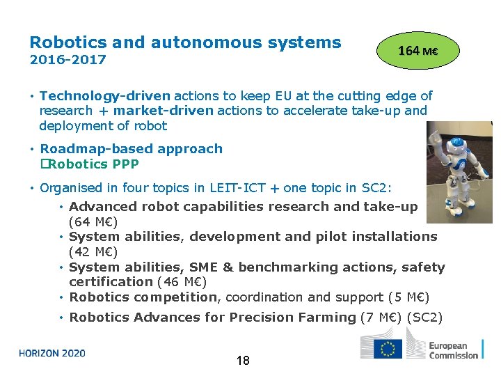 Robotics and autonomous systems 2016 -2017 164 M€ • Technology-driven actions to keep EU