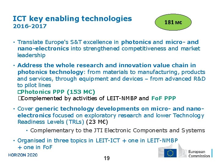 ICT key enabling technologies 2016 -2017 181 M€ • Translate Europe's S&T excellence in