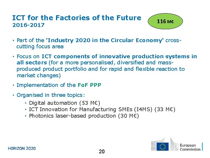 ICT for the Factories of the Future 2016 -2017 116 M€ • Part of