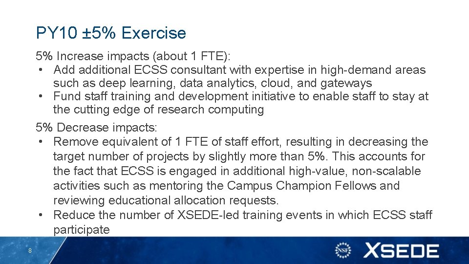 PY 10 ± 5% Exercise 5% Increase impacts (about 1 FTE): • Add additional