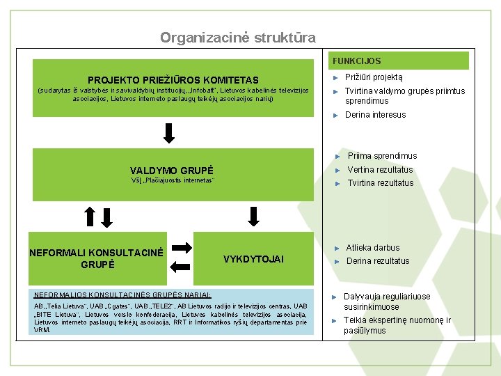 Organizacinė struktūra FUNKCIJOS PROJEKTO PRIEŽIŪROS KOMITETAS ► Prižiūri projektą (sudarytas iš valstybės ir savivaldybių