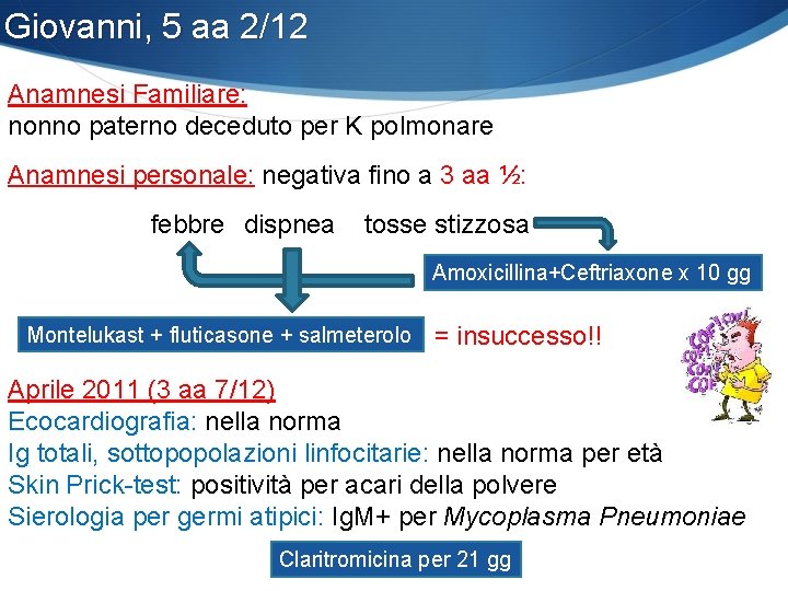 Giovanni, 5 aa 2/12 Anamnesi Familiare: nonno paterno deceduto per K polmonare Anamnesi personale: