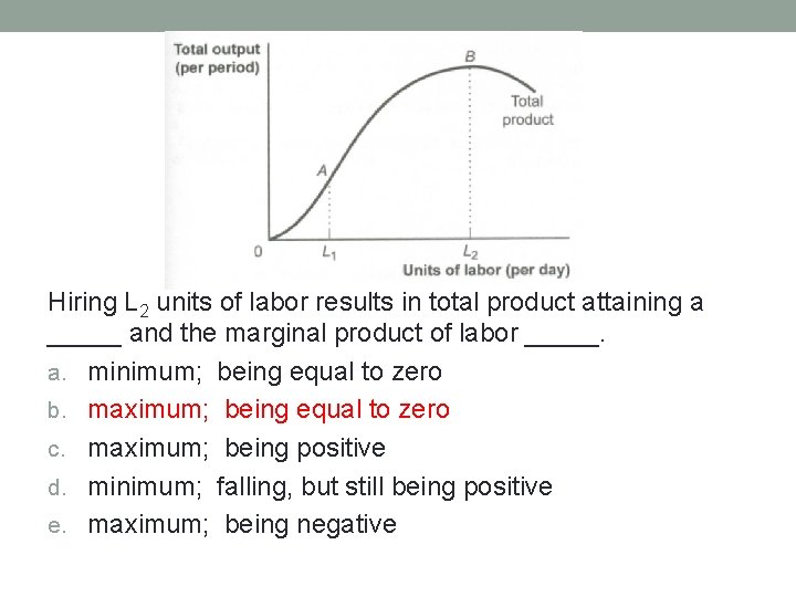 Hiring L 2 units of labor results in total product attaining a _____ and