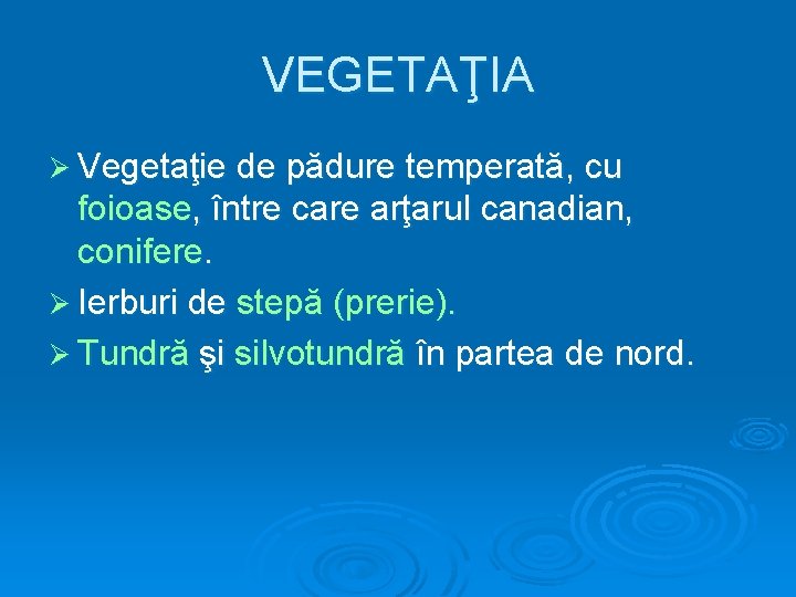 VEGETAŢIA Ø Vegetaţie de pădure temperată, cu foioase, între care arţarul canadian, conifere. Ø