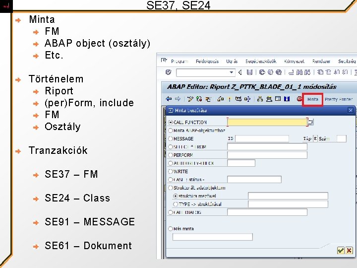 SE 37, SE 24 Minta FM ABAP object (osztály) Etc. Történelem Riport (per)Form, include