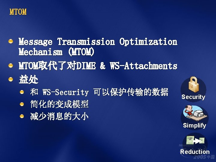 MTOM Message Transmission Optimization Mechanism (MTOM) MTOM取代了对DIME & WS-Attachments 益处 和 WS-Security 可以保护传输的数据 简化的变成模型