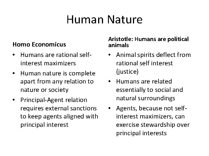 Human Nature Homo Economicus • Humans are rational selfinterest maximizers • Human nature is