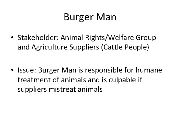 Burger Man • Stakeholder: Animal Rights/Welfare Group and Agriculture Suppliers (Cattle People) • Issue: