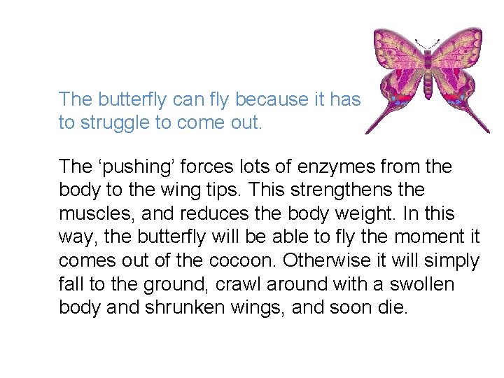 The butterfly can fly because it has to struggle to come out. The ‘pushing’