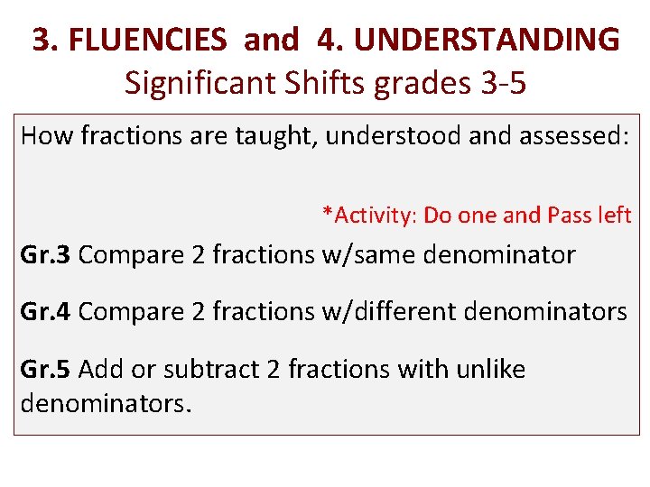 3. FLUENCIES and 4. UNDERSTANDING Significant Shifts grades 3 -5 How fractions are taught,