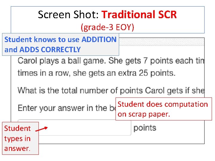 Screen Shot: Traditional SCR (grade-3 EOY) Student knows to use ADDITION and ADDS CORRECTLY