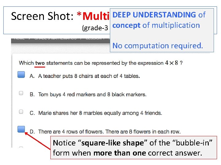 DEEPcorrect UNDERSTANDING of Screen Shot: *Multiple answers concept (grade-3 EOY test) of multiplication No