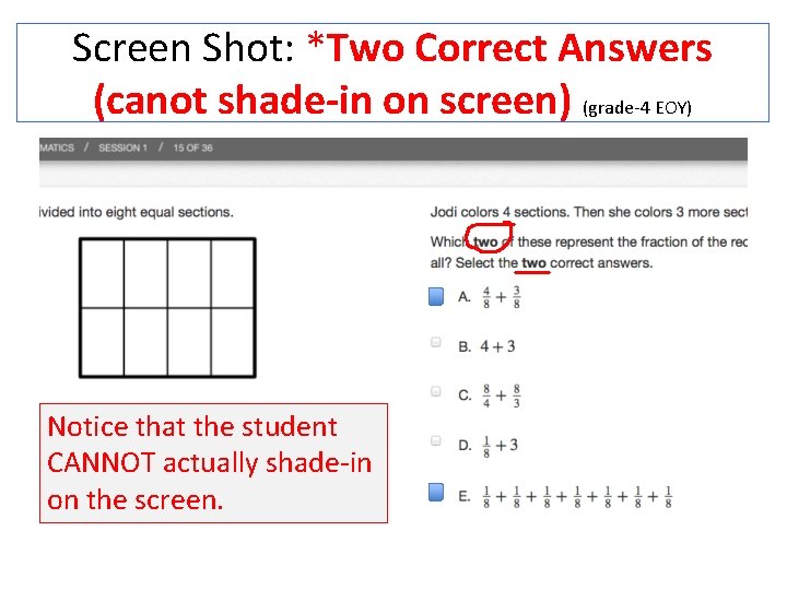 Screen Shot: *Two Correct Answers (canot shade-in on screen) (grade-4 EOY) Notice that the