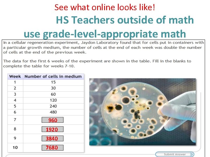 See what online looks like! HS Teachers outside of math use grade-level-appropriate math 960