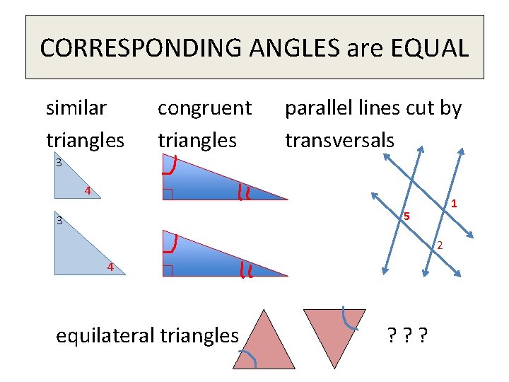 CORRESPONDING ANGLES are EQUAL similar triangles congruent triangles parallel lines cut by transversals 3