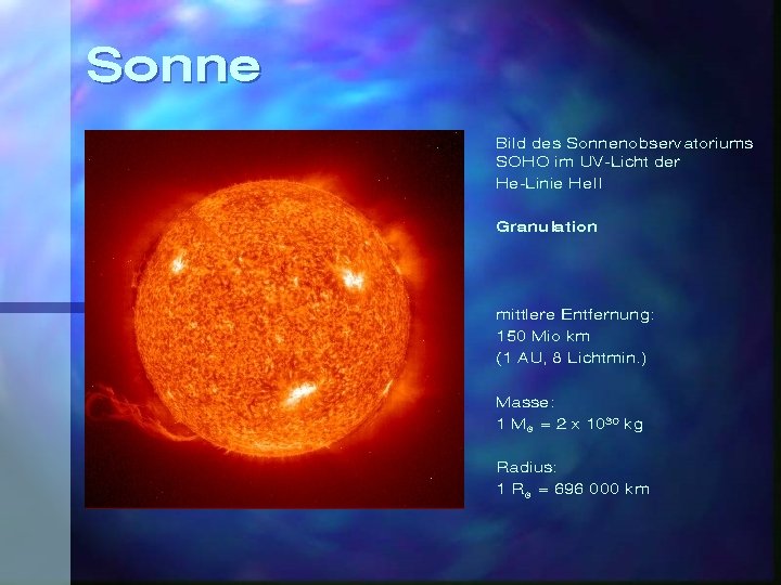 Sonne Bild des Sonnenobservatoriums SOHO im UV-Licht der He-Linie He. II Granulation mittlere Entfernung: